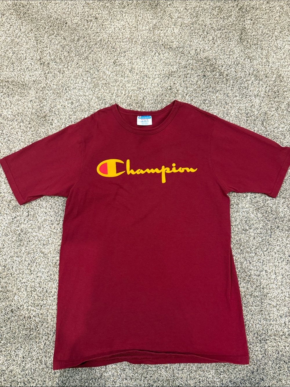 Vintage Champion Burgundy Tee with Yellow Logo Men’s Medium